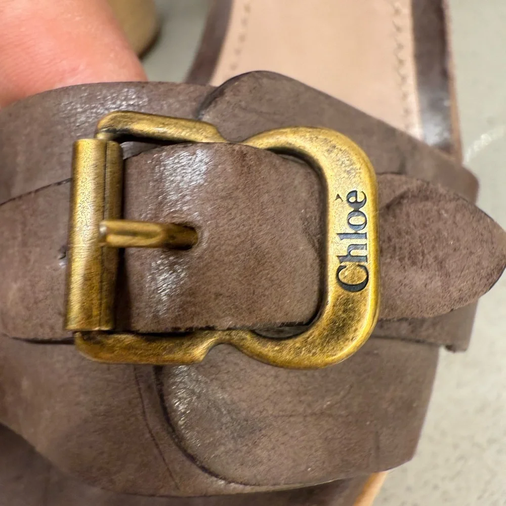 Chloe Brown Wood and Leather Wedge Sandals